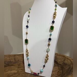 Carolee Long Coloful Chain Link Necklace - Gold Tone